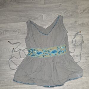 Cactus Gray Boho Embroidered Waist Tank with Teal Accents